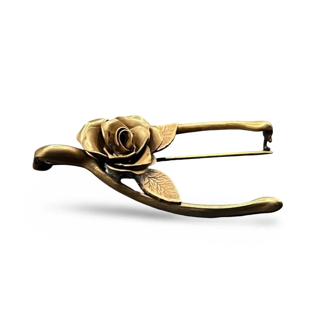 Vintage 1940s Gold Gilded Brass Wishbone Rose Brooch Pin